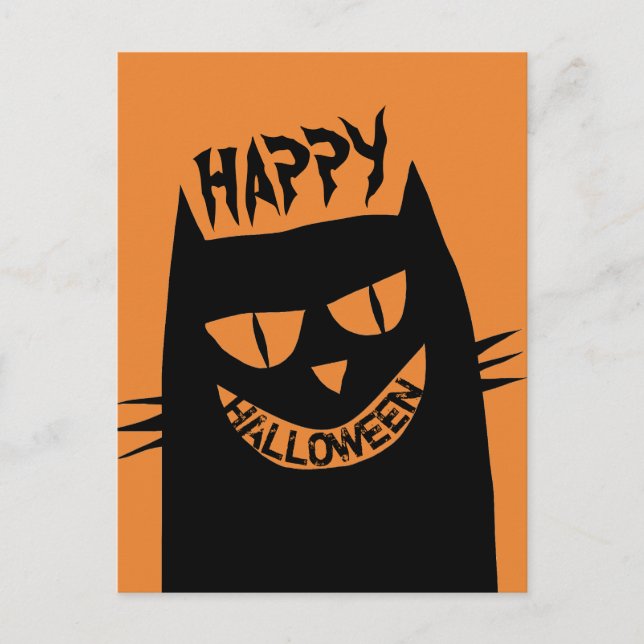 Postal Asombroso gato negro de Halloween (Anverso)