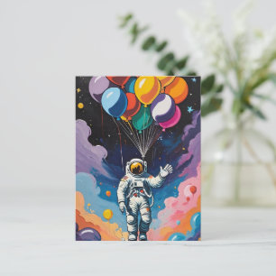 Postal Astronauta con globos coloridos en el espacio