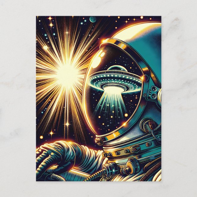 Postal Astronauta con una reflexión sobre un OVNI (Anverso)