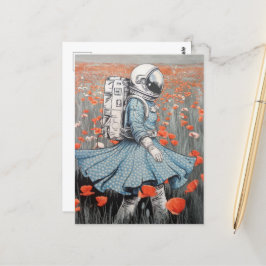 Postal astronauta con vestido azul caminando en amapolas