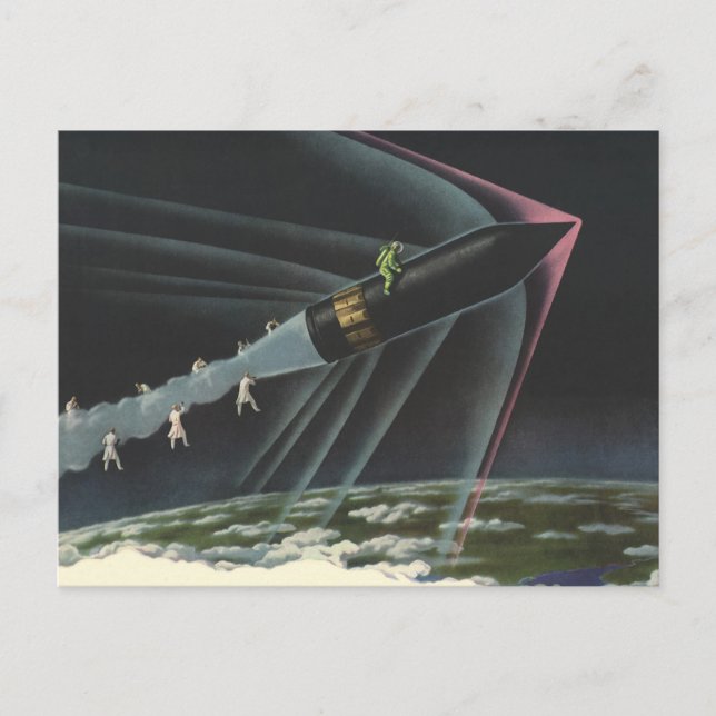 Postal Astronauta de ciencia ficción vintage montando un  (Anverso)