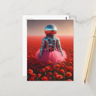 Postal astronauta disco en un campo de amapola roja