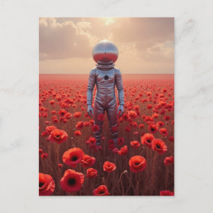 Postal Astronauta en flores de amapola rojas