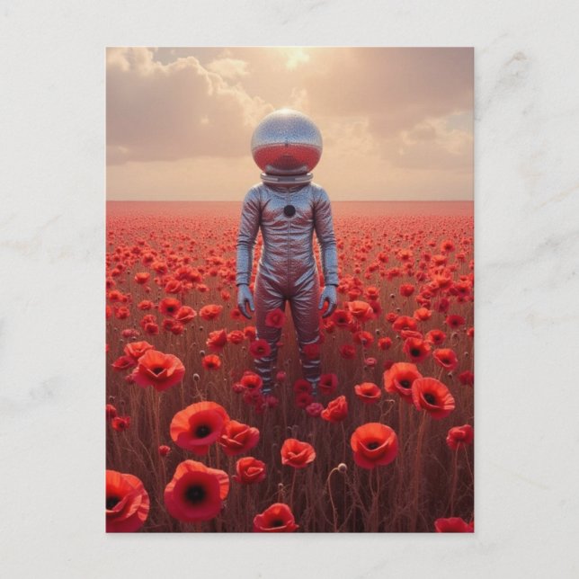 Postal Astronauta en flores de amapola rojas (Anverso)