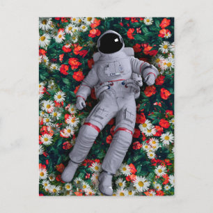 Postal Astronauta en flores rojas y blancas