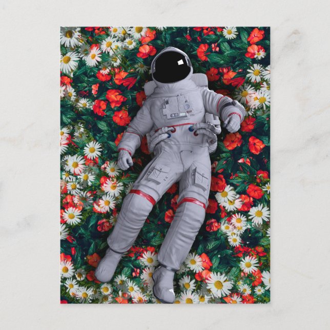 Postal Astronauta en flores rojas y blancas (Anverso)