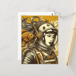 Postal Astronauta femenina y pez dorado