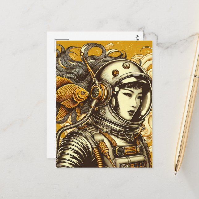 Postal Astronauta femenina y pez dorado (Anverso/Reverso In Situ)