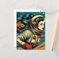 Astronauta femenina y pez dorado Scifi Retro