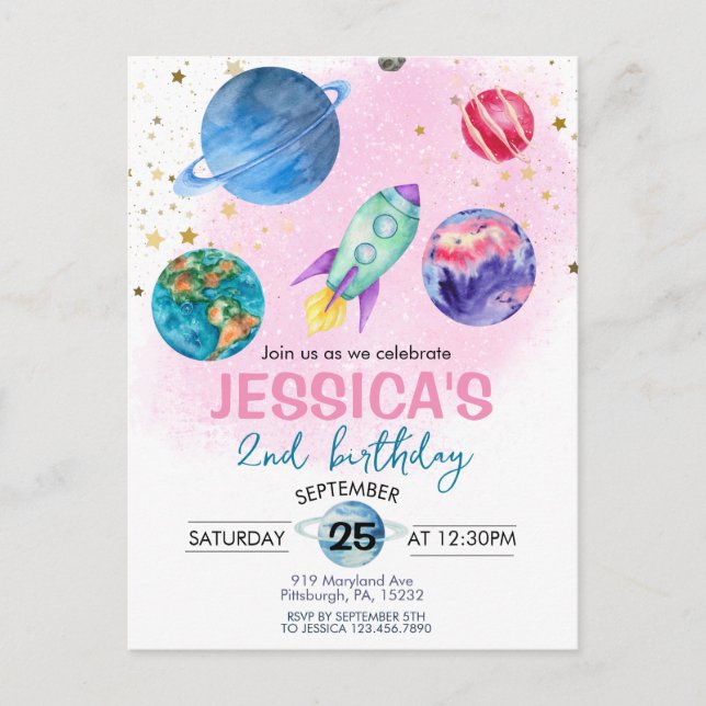 Postal Astronauta Fiesta Chica rosa lindo cumpleaños (Anverso)