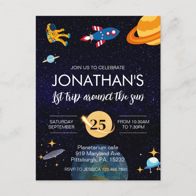 Postal Astronauta fiesta espacial de 1 cumpleaños (Anverso)