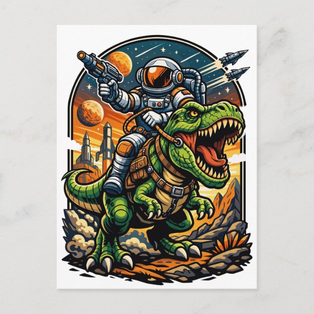 Postal Astronauta montando un T-Rex – Dinosaurio Espacial (Anverso)