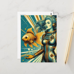 Postal astronauta mujer y pez dorado