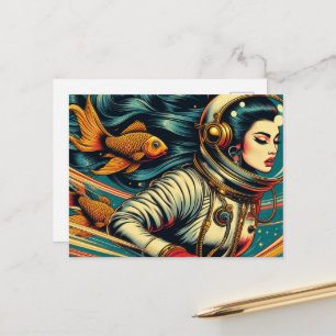 Postal astronauta mujer y pez dorado retro único