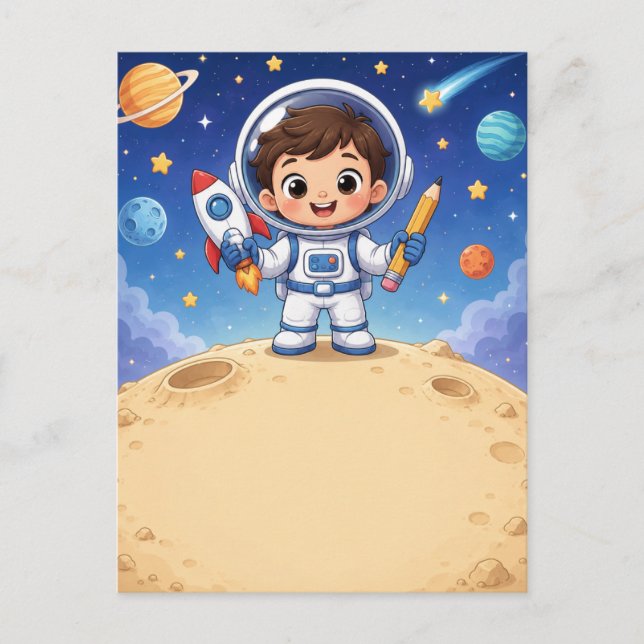 Postal Astronauta Niño Listo para Explorar la Escuela (Anverso)
