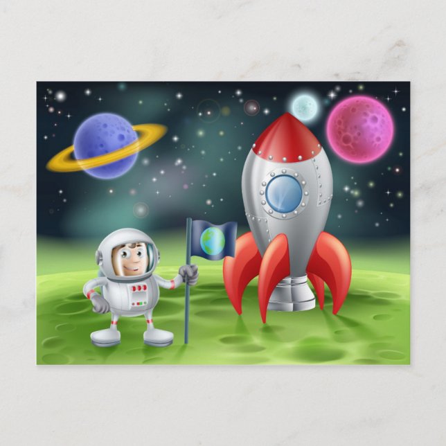 Postal Astronauta personalizado y cohete vintage (Anverso)