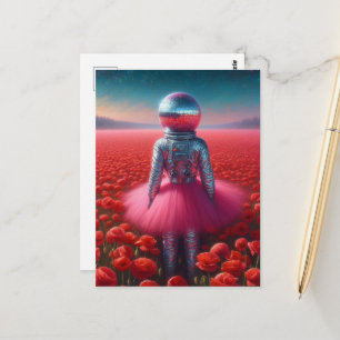 Postal Astronauta surrealista con un tutú rosa y una cabe