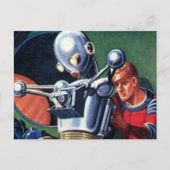 Postal Astronautas de ciencia ficción vintage arreglan un (Anverso)