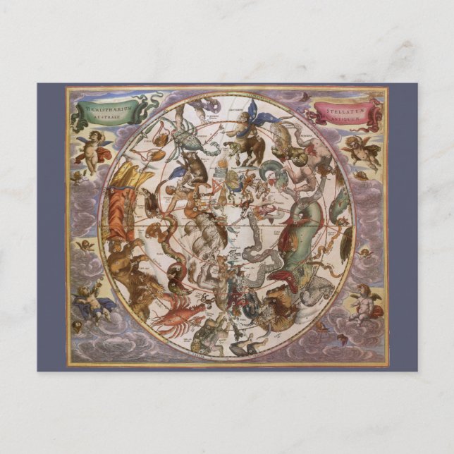 Postal Astronomía de época, constelaciones del cielo meri (Anverso)
