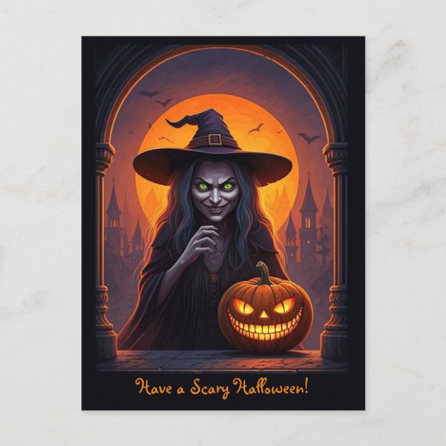 Postal Asustada bruja de Halloween y loca calabaza de son (Anverso)