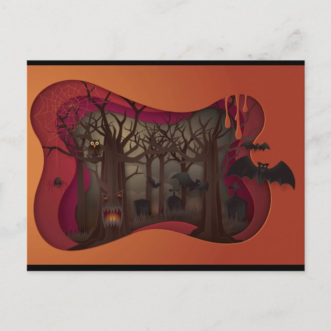 Postal Asustado árbol de papel de Halloween en cementerio (Anverso)