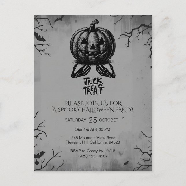 Postal Asustado Calabaza de Skeleton Trick o Fiesta espel (Anverso)