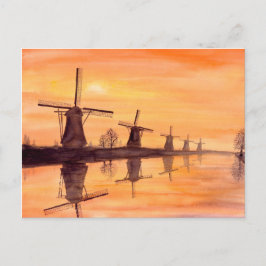 Postal Atardecer de molinos de viento - Pintura de acuare