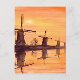 Postal Atardecer de molinos de viento - Pintura de acuare