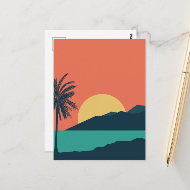 Postal Atardecer de palmera, Isla, Arte abstracto boho (Anverso/Reverso In Situ)