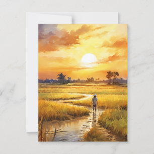 Postal Atardecer dorado sobre campos de arroz rurales