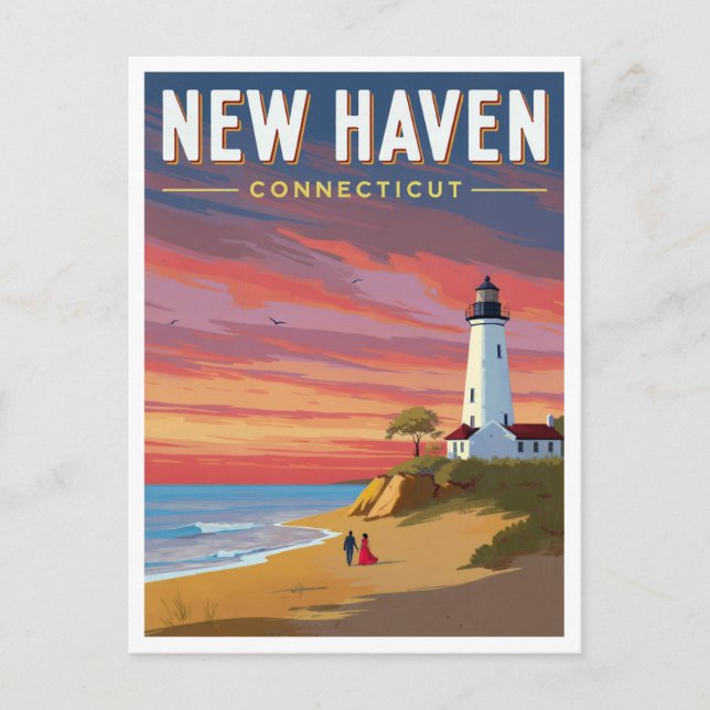Postal Atardecer en el faro de New Haven Connecticut (Anverso)
