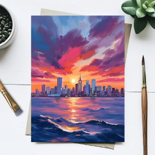 Postal Atardecer en el paisaje urbano   Acuarela del hori