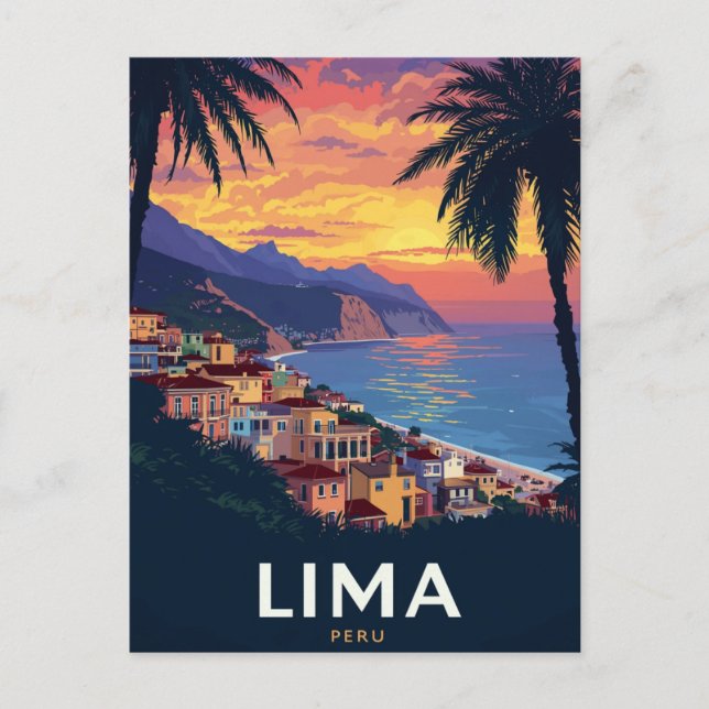 Postal Atardecer en la Costa de Lima Perú Palmeras (Anverso)