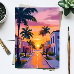 Postal Atardecer en Miami Beach   Acuarela del Océano Flo