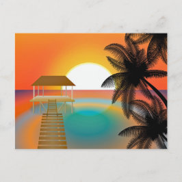 Postal Atardecer naranja en la playa con palmeras dibujan