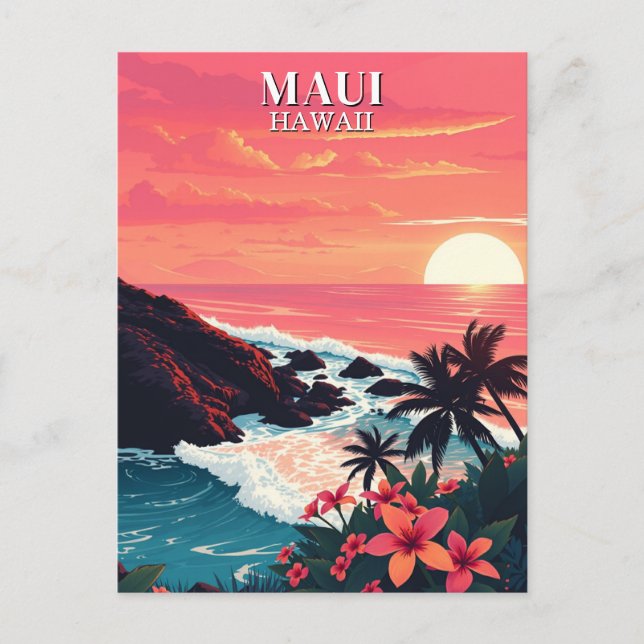 Postal Atardecer Retro Maui Hawái Viaje (Anverso)