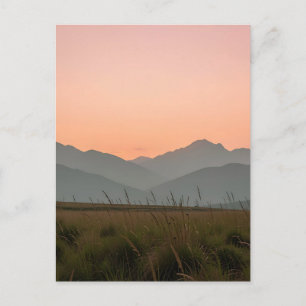 Postal Atardecer Rosa Sereno Montañas Paisaje Hierba Silv