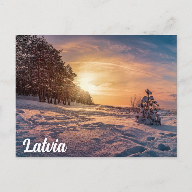 Postal Atardecer sobre la nevada costa del mar de inviern (Anverso)