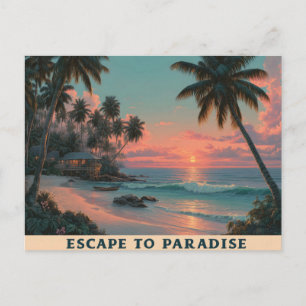 Postal Atardecer tropical vibrante y pictórico en la play