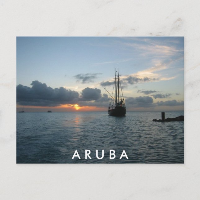 Postal Atardecer y barco en Aruba (Anverso)