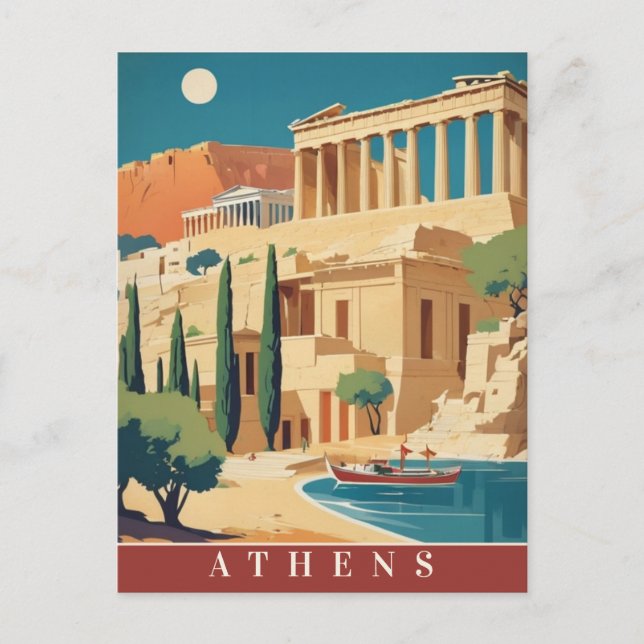 Postal Atenas Grecia Acrópolis arte de viajes retro vinta (Anverso)