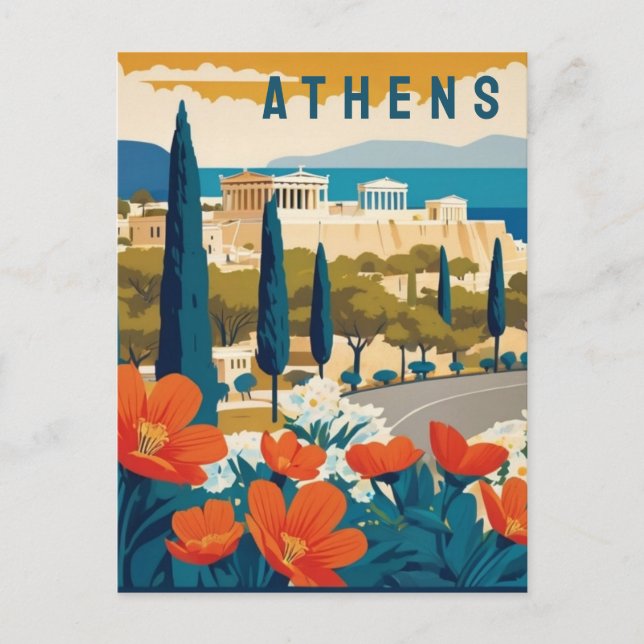 Postal Atenas Grecia Acrópolis flores de primavera arte d (Anverso)