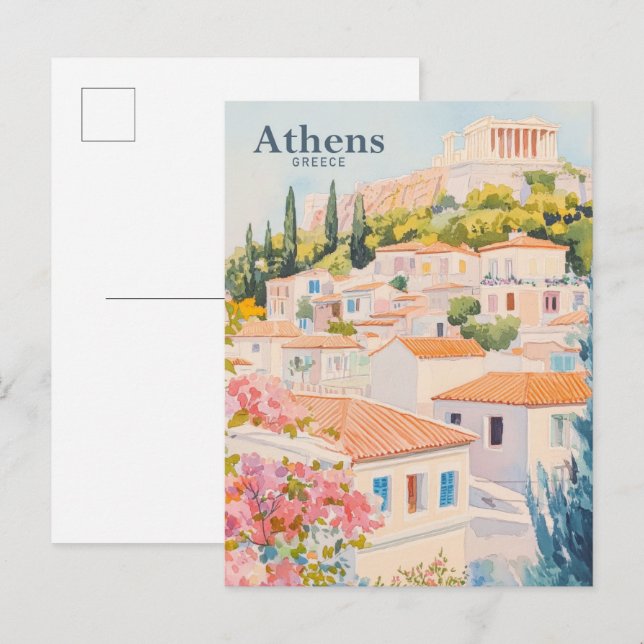 Postal Atenas Grecia Gouache Paint Ilustracion Viajes (Anverso / Reverso)