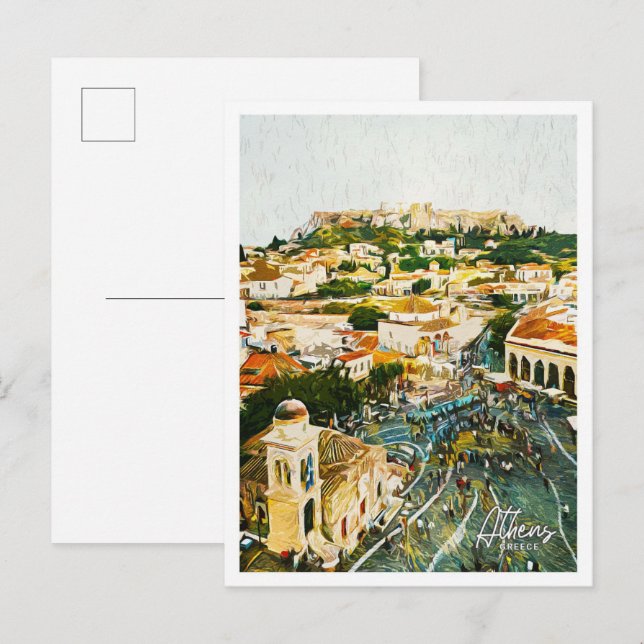 Postal Atenas Grecia Hermoso paisaje de pintura al petról (Anverso / Reverso)