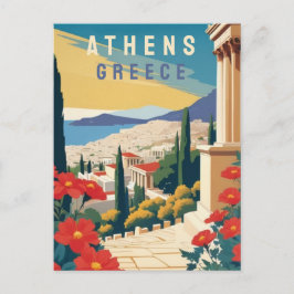 Postal Atenas Grecia Viaja arte con flores rojas