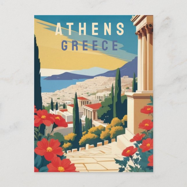 Postal Atenas Grecia Viaja arte con flores rojas (Anverso)