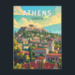 Postal Atenas Grecia Viajes arte Vintage<br><div class="desc">Diseño de viaje vectorial retro en Atenas. La ciudad sigue dominada por monumentos del siglo V a.C.,  incluida la Acrópolis,  una ciudadela en lo alto de una colina coronada por antiguos edificios como el templo del Partenón.</div>