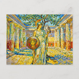 Postal Atenea con Búho y Escudo junto al Olivo en el Temp