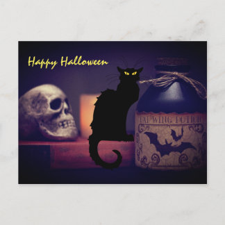 Postal Aterrador gato negro y cráneo Feliz Halloween