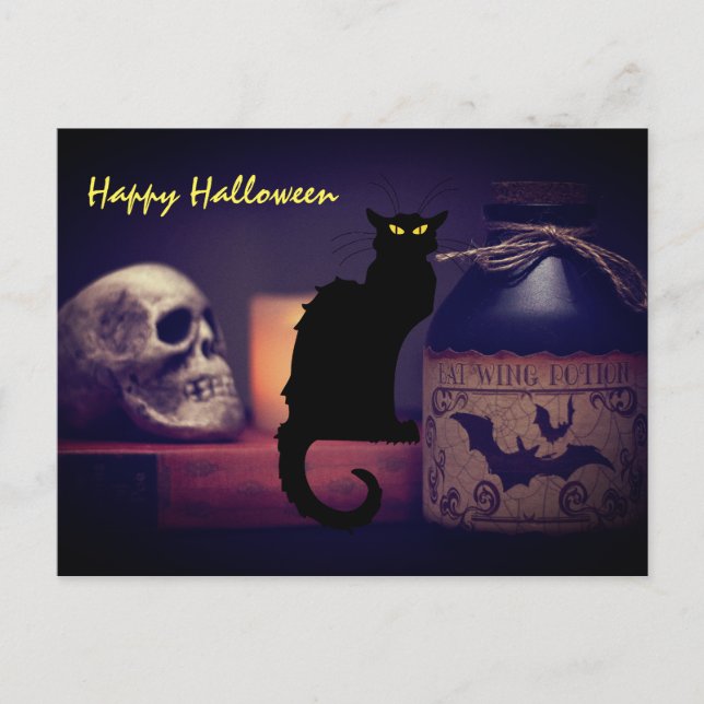 Postal Aterrador gato negro y cráneo Feliz Halloween (Anverso)